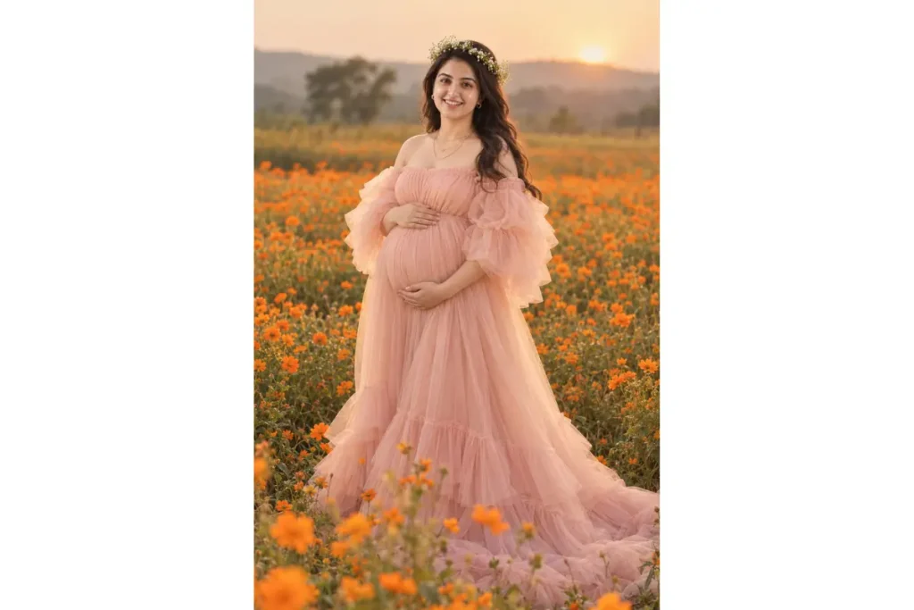 Pregnant woman wearing a flowing blush pink maternity gown standing in a vibrant orange flower field during a warm golden-hour photoshoot