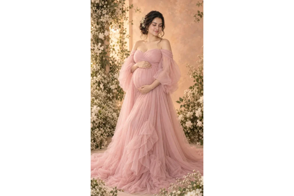 Pregnant woman in an elegant pink maternity gown posing outdoors in a softly lit floral setting with a long flowing skirt