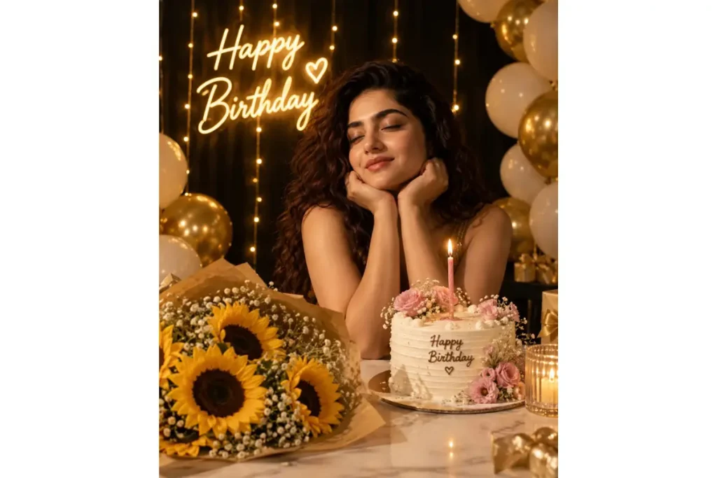 Woman posing beside a birthday cake with candles, surrounded by golden balloons, sunflowers, and warm birthday lights.