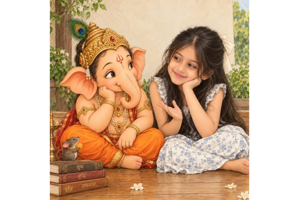 A girl in a light floral traditional outfit sits beside Lord Ganesha outdoors, both sharing a peaceful moment surrounded by greenery and soft natural light.