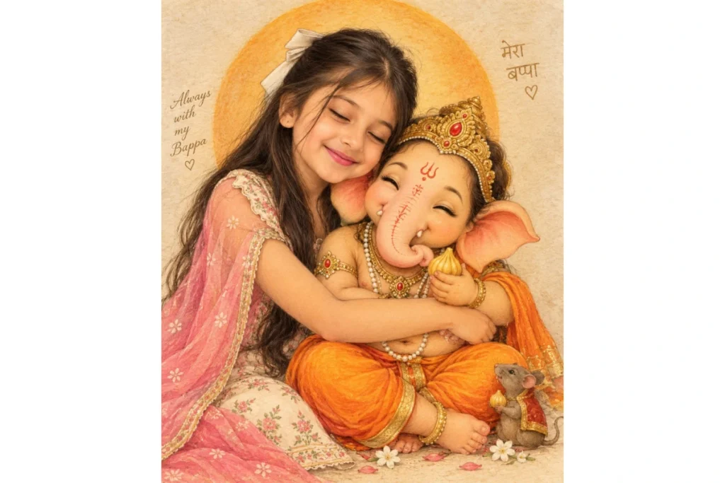 A girl lovingly hugs childlike Lord Ganesha with closed eyes and a gentle smile, creating a sweet devotional moment against a warm golden background.