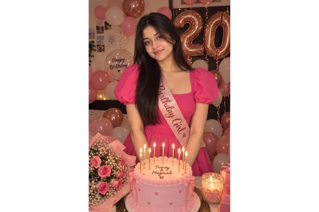 Woman in a bright pink birthday dress holding a cake with lit candles, surrounded by pink and gold balloons.