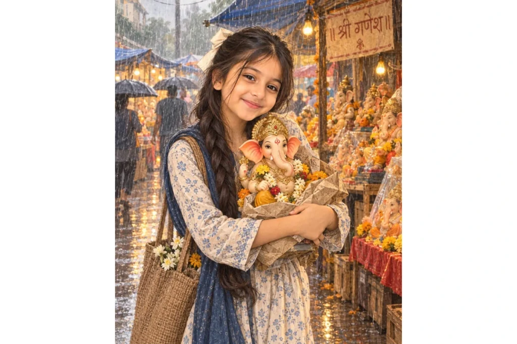 A young girl in a blue and white traditional outfit carries a beautifully decorated Lord Ganesha idol wrapped in paper while standing in a rainy festive Ganesha idol market, surrounded by colorful idols, flowers, umbrellas, and warm glowing lights.