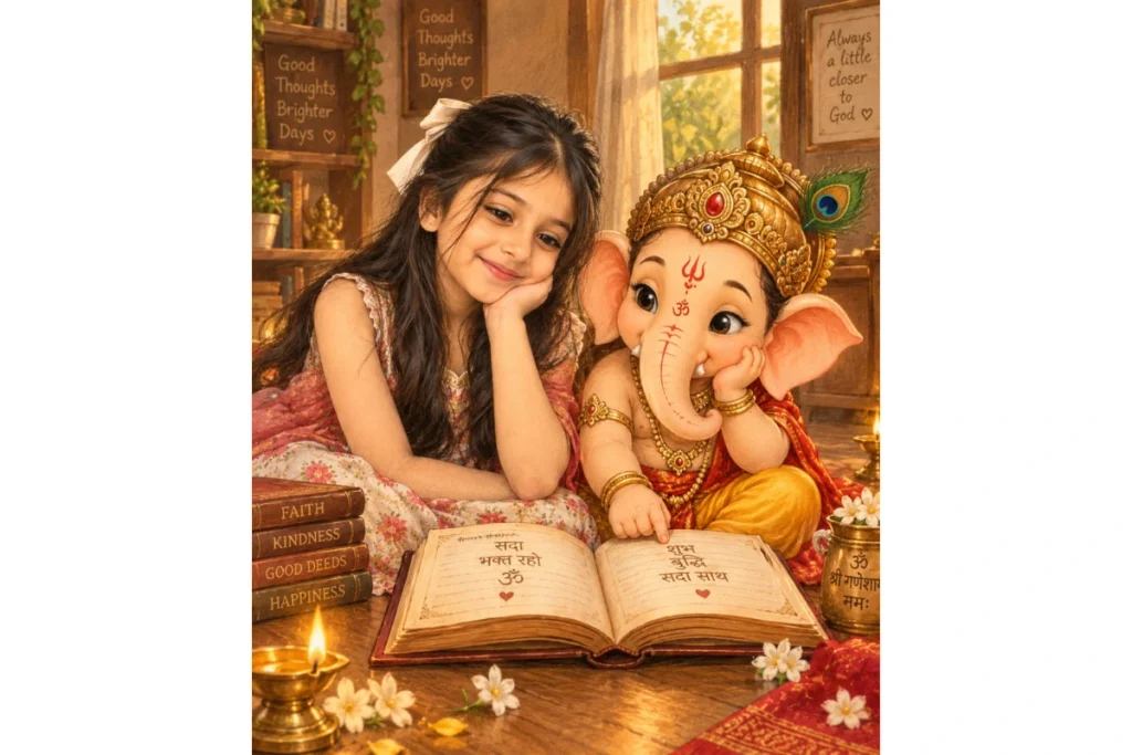 A girl sits beside childlike Lord Ganesha while looking at an open devotional book, surrounded by warm lights, flowers, and a cozy indoor setting.