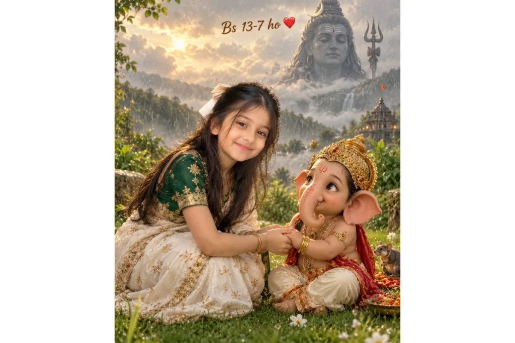 A girl in a green and cream traditional outfit sits beside Lord Ganesha in a peaceful outdoor setting, with Lord Shiva visible in the background.