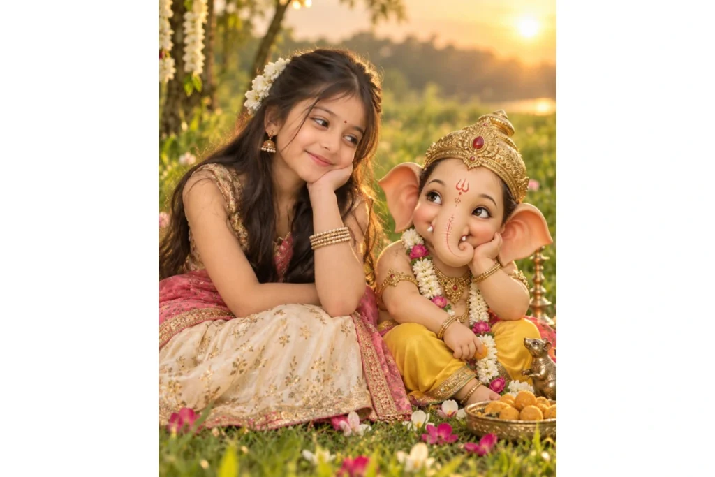 A girl in a traditional pink outfit sits beside Lord Ganesha outdoors during a beautiful sunset, surrounded by warm golden light and greenery.