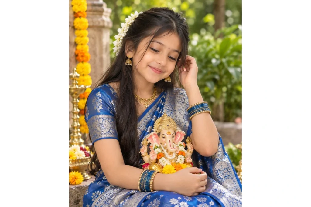 A girl in a blue saree with floral hair accessories holds a small decorated Lord Ganesha idol in her lap, creating a serene devotional moment.