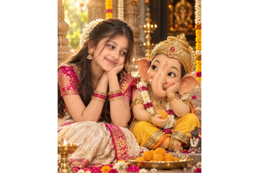 A girl in a pink traditional outfit sits beside Lord Ganesha, sharing a sweet and peaceful moment as they look at each other.