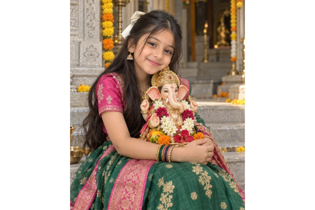 A girl wearing a green and pink traditional outfit peacefully sits beside Lord Ganesha, surrounded by flowers and temple decorations.