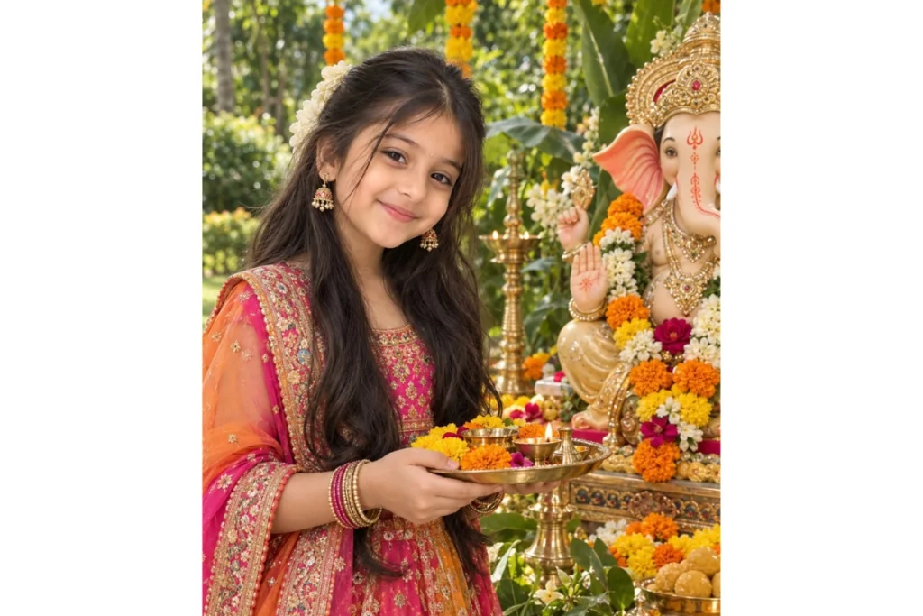 A girl in a vibrant pink and orange traditional outfit performs aarti with a decorated Lord Ganesha idol in a colorful festive setting.