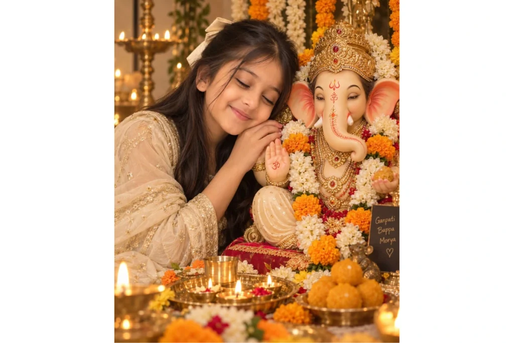 A young girl in a cream traditional outfit gently sits beside a beautifully decorated Lord Ganesha idol surrounded by marigold flowers and warm festive lights.