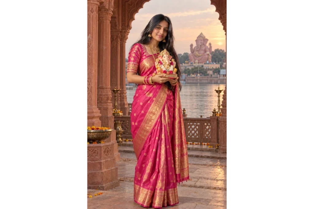 Bright Pink and Golden Lugda with Bappa