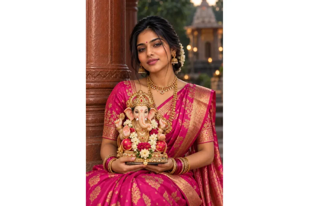 Bright Pink Saree with Outdoor Temple Setting