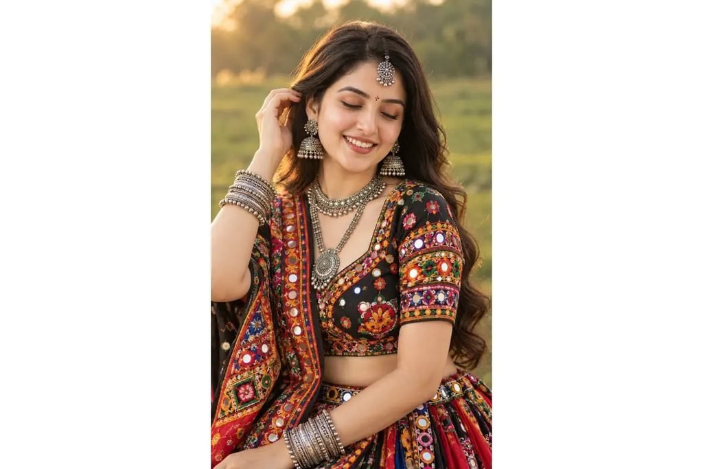 Beautiful Gujarati Garba girl wearing a black mirror-work chaniya choli with traditional silver jewelry and long wavy hair for Navratri