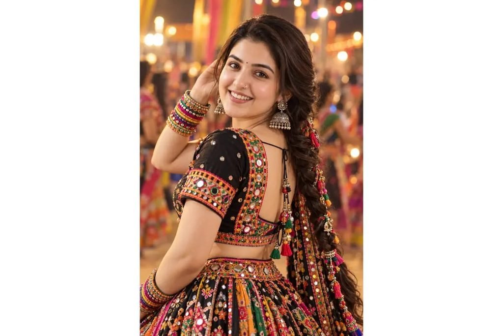 Gujarati Garba girl wearing a colorful mirror-work lehenga choli with a long decorated braid, traditional jhumka earrings and festive bangles for Navratri