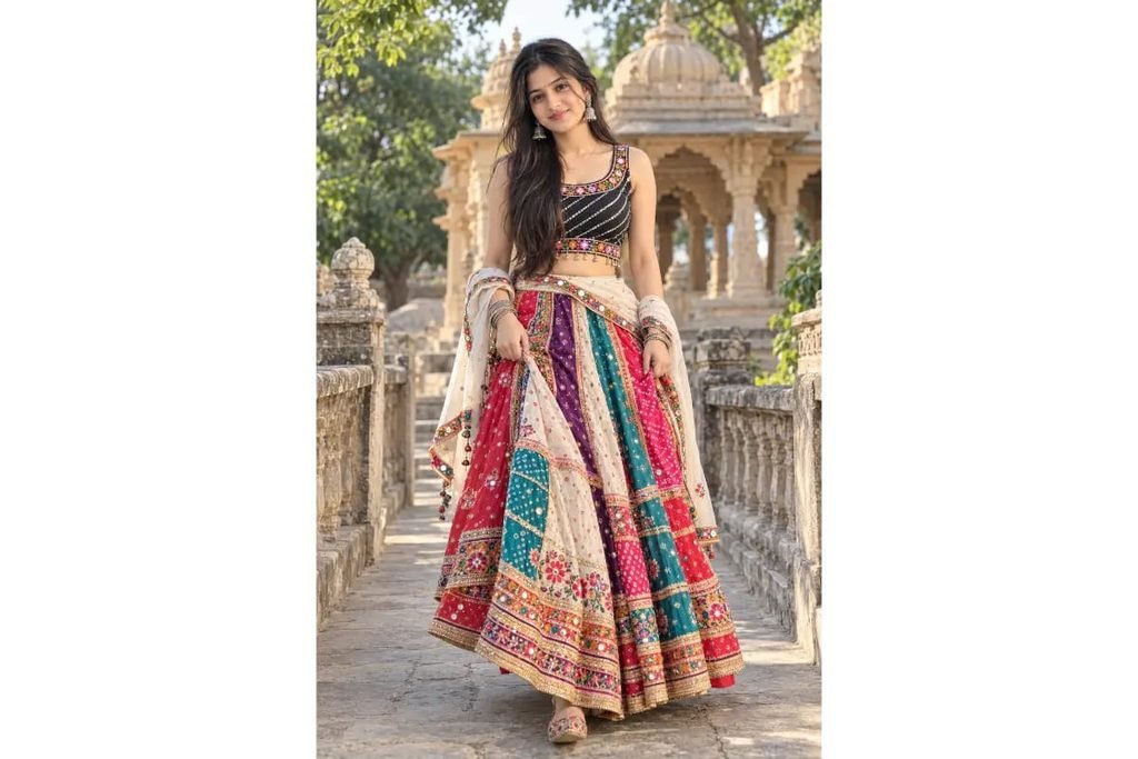 SEO-Friendly Alt Text: Colorful Gujarati Navratri patchwork lehenga choli with multicolored embroidered panels, traditional Garba outfit for girls at an ancient stone temple walkway