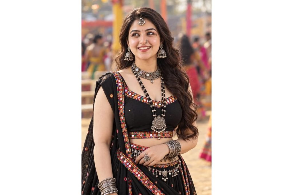 Gujarati Garba girl wearing a black chaniya choli with colorful mirror-work borders, heavy oxidized silver jewelry, traditional maang tikka and long wavy hair for Navratri