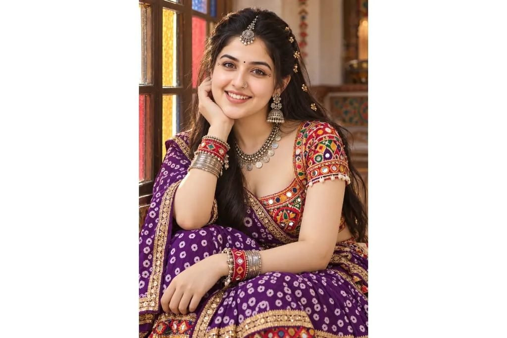 Gujarati Garba girl wearing a purple Bandhani lehenga with a colorful mirror-work choli, traditional bindi, silver jewelry and bangles for Navratri