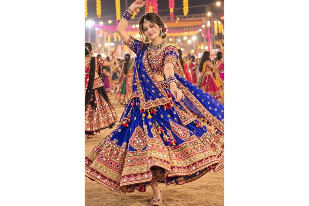 SEO-Friendly Alt Text: Royal blue Gujarati Navratri chaniya choli with intricate mirror work and colorful embroidery, traditional Garba dance outfit for girls at a festive night celebration