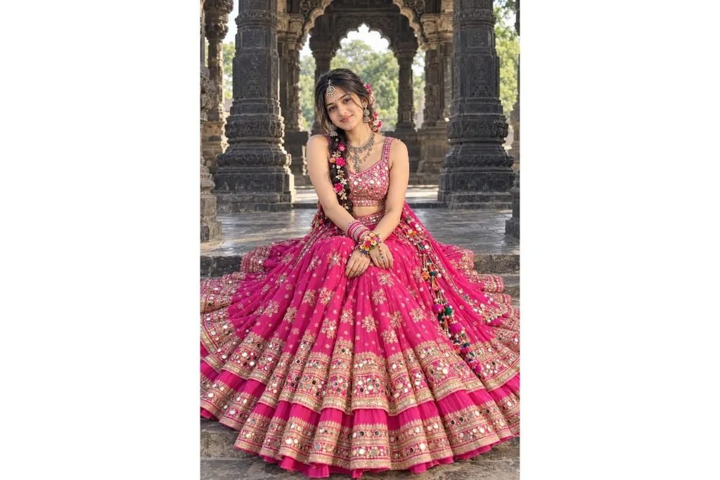 SEO-Friendly Alt Text: Hot pink Gujarati Navratri lehenga choli with intricate mirror work and golden embroidery, traditional Garba outfit photoshoot at an ancient temple