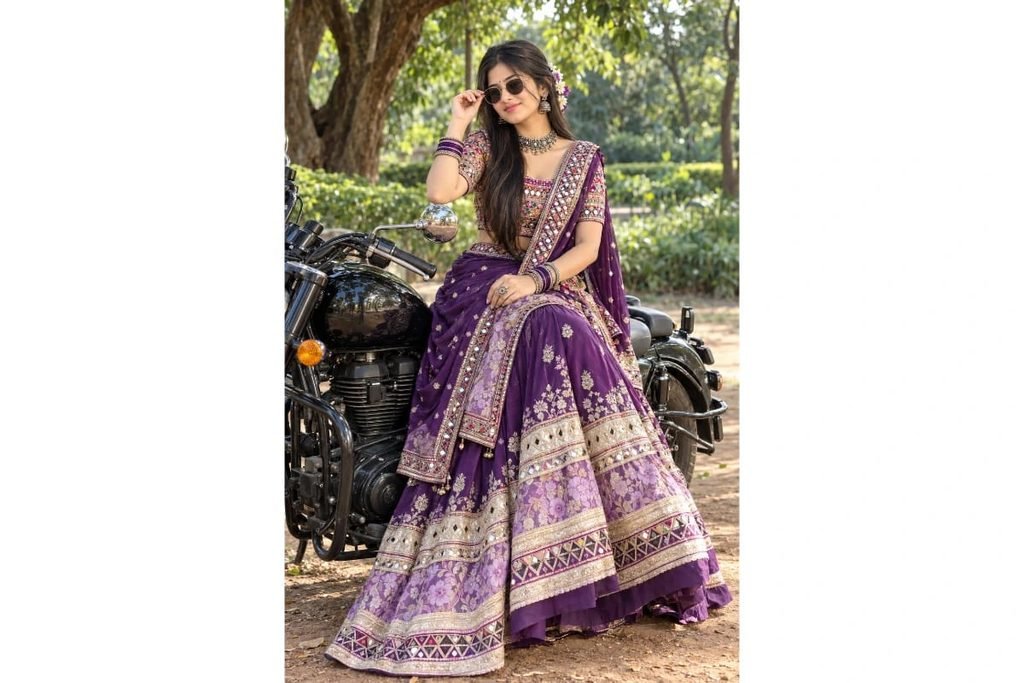 SEO-Friendly Alt Text: Dark tribal Gujarati Navratri lehenga choli with red, black and green panels, traditional geometric embroidery and golden borders, dramatic red temple lighting photoshoot for girls