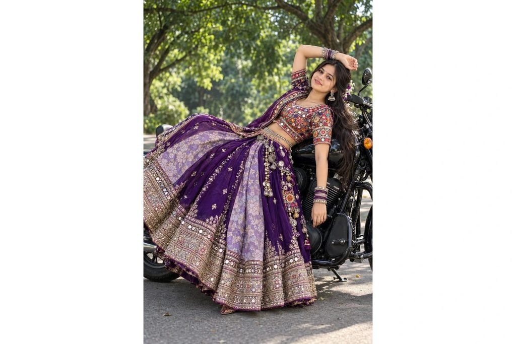 SEO-Friendly Alt Text: Royal purple Gujarati Navratri lehenga choli with lavender floral embroidery and golden borders, traditional Garba outfit for girls sitting on a black cruiser motorcycle in a green garden